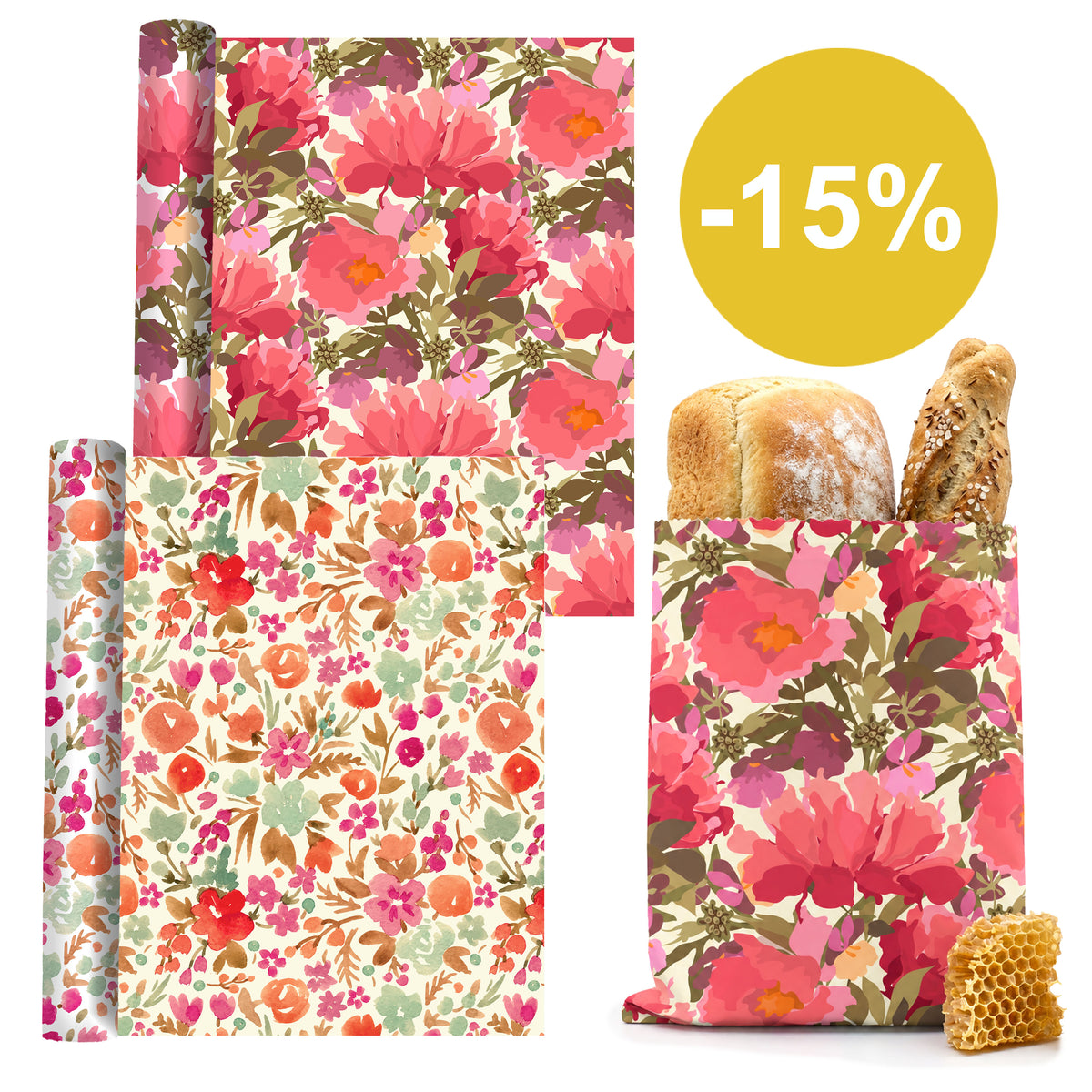 Spar-Set – XL Brotbeutel & 2 Bienenwachstuch-Rollen – Rosengarten & Blütenzauber